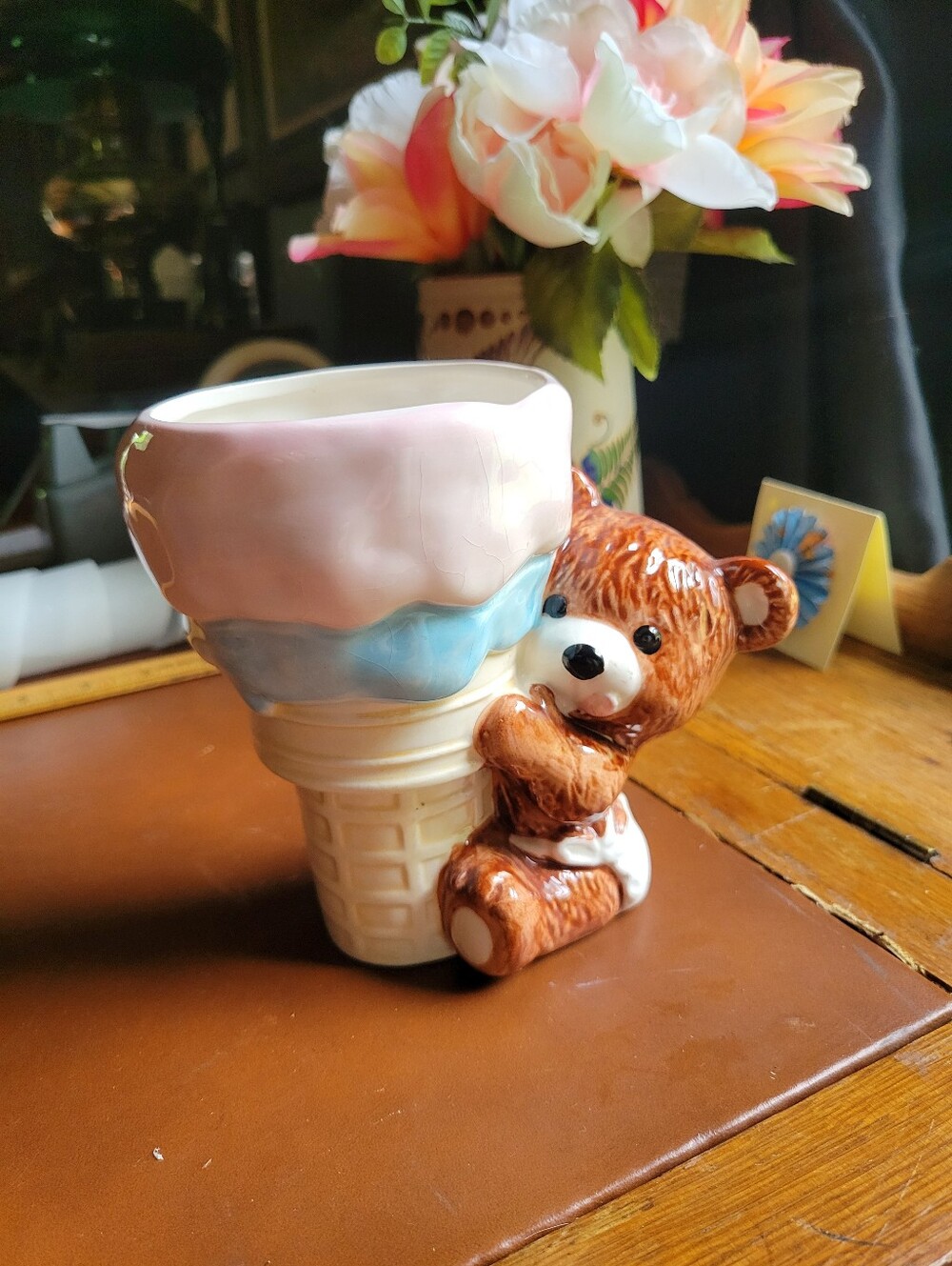 Anthropomorphic Teddy Bear Ice Cream Cone Ceramic Planter Vintage Napco 5.5"